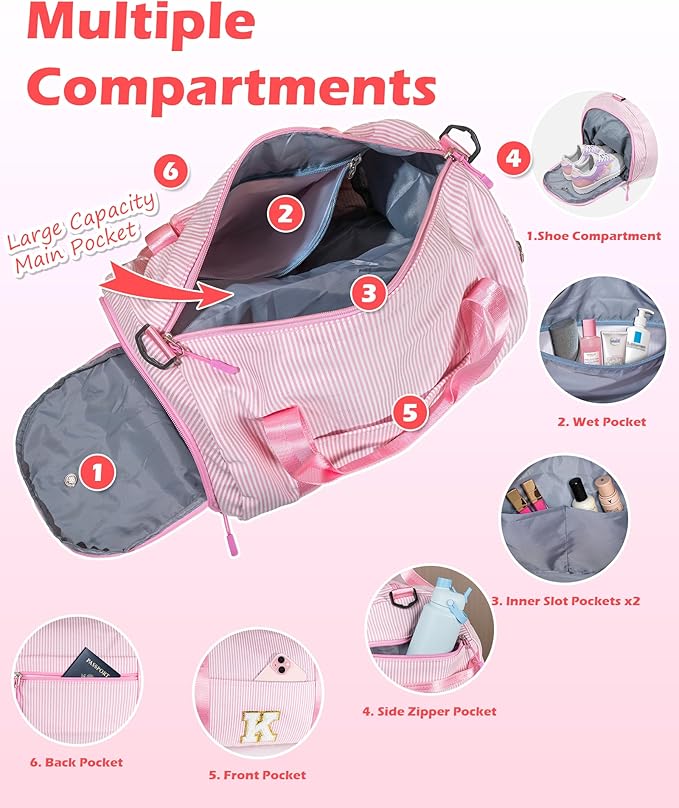 Gift for 5 6 7 8 9 Year Old Girls, Girl Gym Bag, Kids Initial Overnight Duffel Bags with Shoe Compartment, Personalized Travel Bag with Makeup Pouch, Dance Recital Gifts for Niece (Letter K)