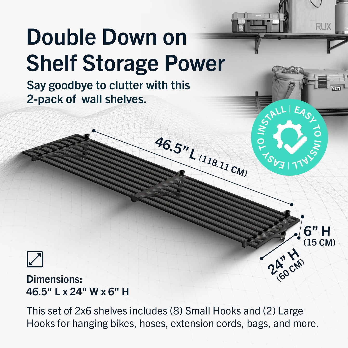 StoreYourBoard Garage Shelving Wall Mounted | 2x6 Heavy Duty Garage Wall Shelves 2-Pack, 24” Deep x 71” Long | Steel Garage Storage Rack Wall Mounted with Hooks, 250lb Each/500lb Total Capacity, Black