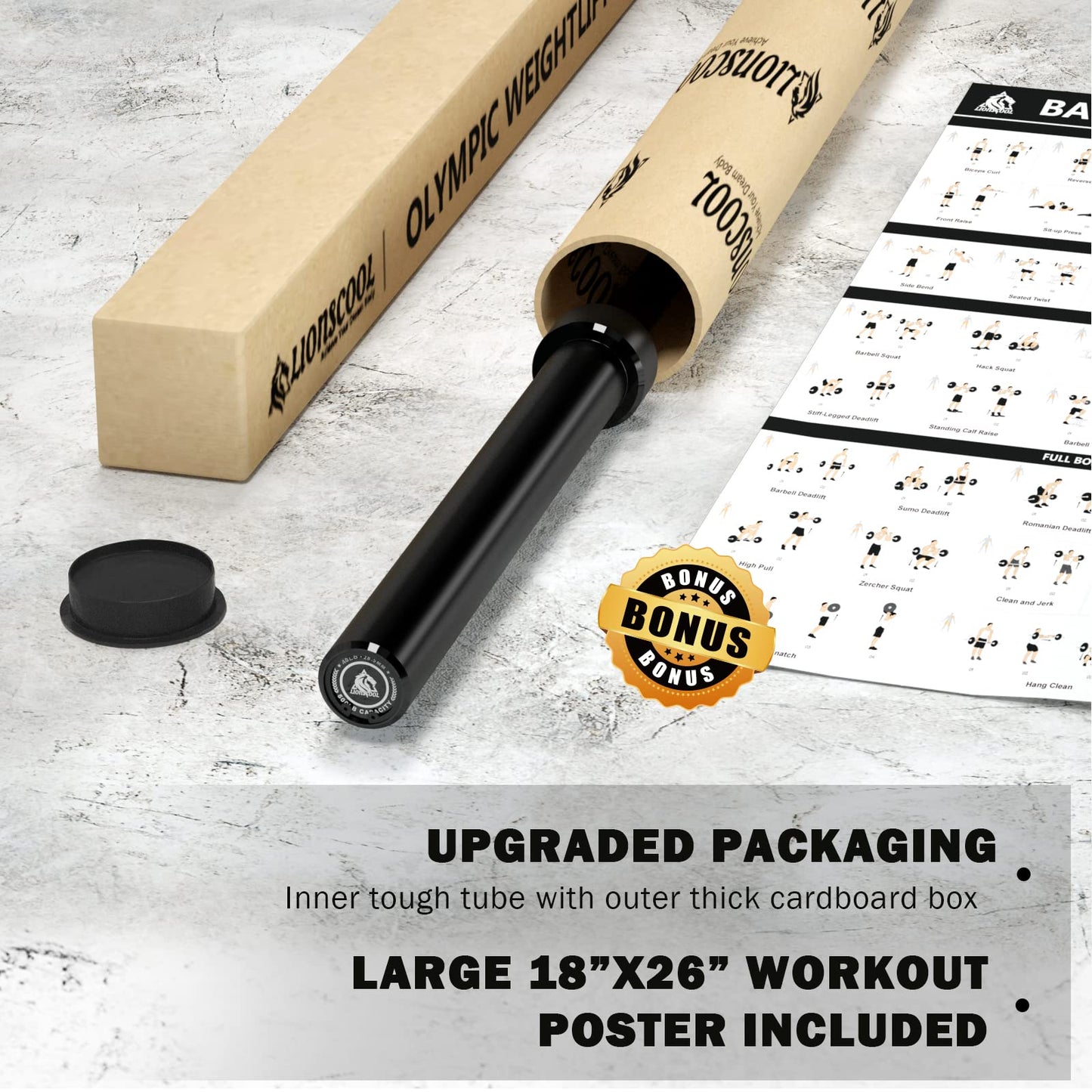 LIONSCOOL 7ft Olympic Barbell (40lbs Weight, Black E-coating, 500LBS, Center Knurl)