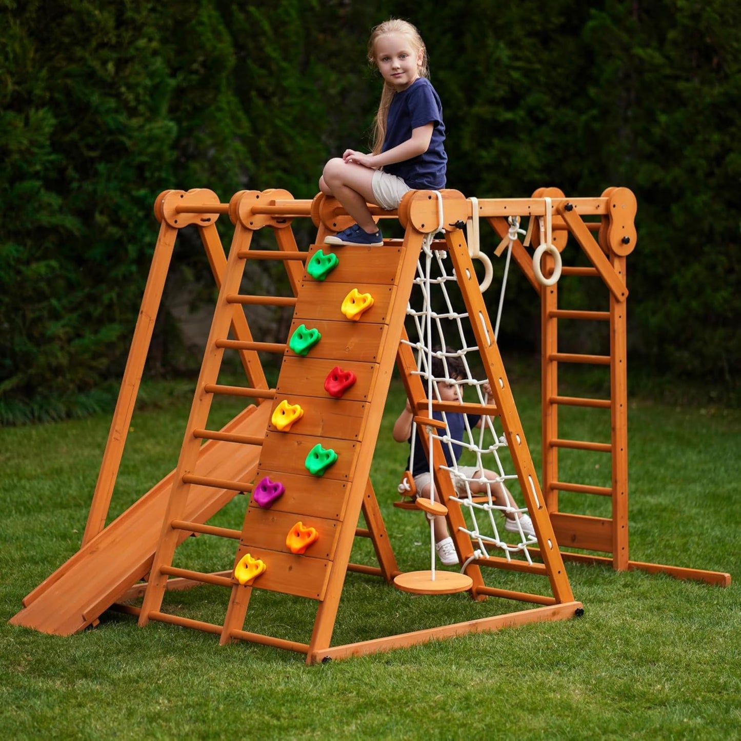 Avenlur 8-in-1 Small Indoor/Outdoor Playset – Foldable Wooden Kids Play Set for Backyard – Kid Playground for Toddlers Age 2–6 with Slide, Monkey Bars, 2 Ladders, 2 Swings, Rock Climbing, Gym Rings