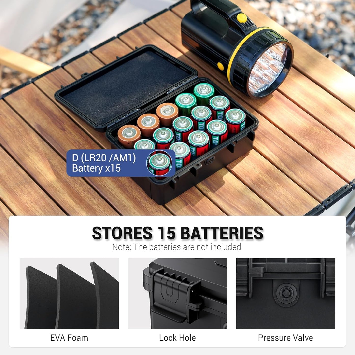 KIWIFOTOS IP67 15 LR20 D Cell Battery Organizer Case Waterproof Slots D Cell Alkaline Batteries Storage Holder