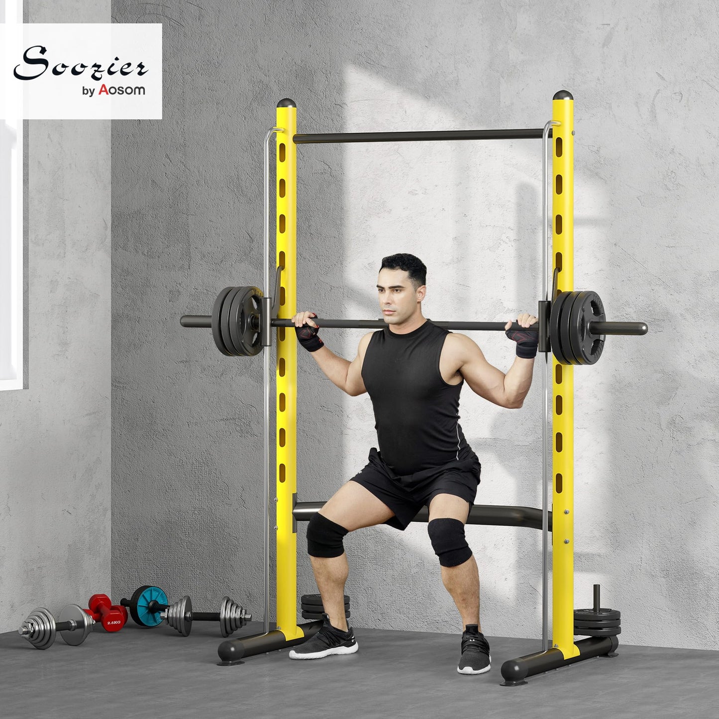 Soozier Squat Rack with Pull-Up Bar, Adjustable Power Rack with Barbell Bar, Multi-Functional Bench Press Rack for Home Gym Strength Training, Yellow