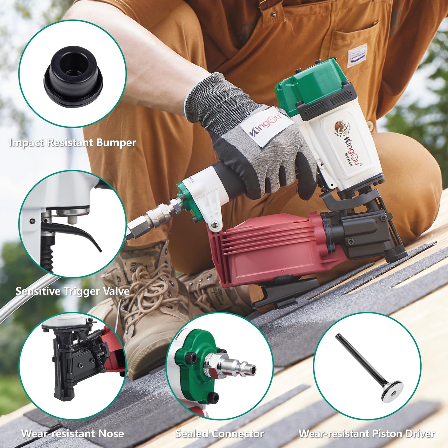 Kingou Mexican Style NVH45 Roofing Nail Gun For Roofing Constructions Accepts 7/8-Inch to 1-3/4-Inch Nails 15 Degree With 3/8 NPT Air Connector 120-pcs Load Capacity Roofing Nailer