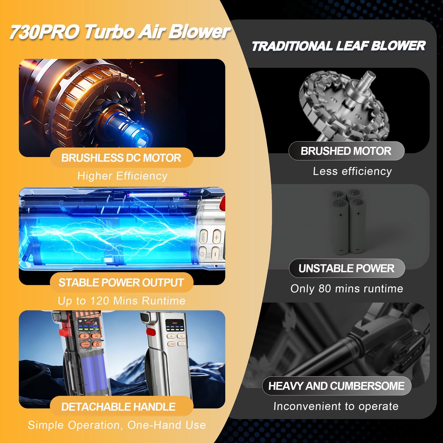 VortLab Car Dryer Air Blower & 730PRO Cordless Leaf Blower | 760CFM/220MPH Turbo Blower | 5 Speed Modes & Detachable Battery | Perfect for Yard Cleanup, Snow Removal & Car Drying (Gold Silver)