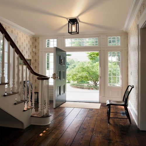 Baocuz Semi Flush Mount Ceiling Light Fixture, Black Metal Frame Porch Ceiling Light Fixture with Clear Glass Shade and E26 Ceramic Base, Farmhouse Light Fixtures for Kitchen Entryway Foyer