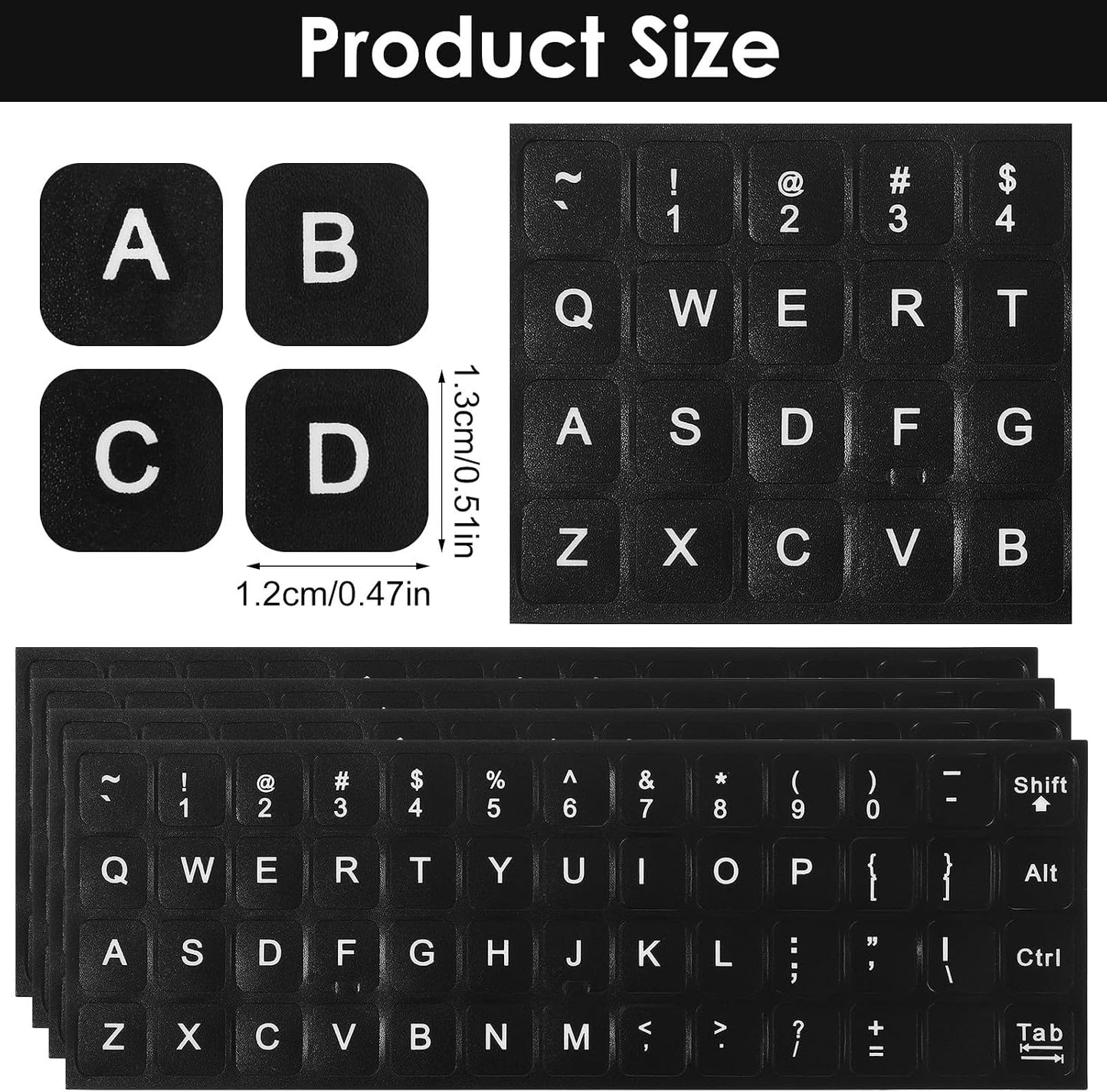 Xinjoduz 4 PCS Universal English Keyboard Letter Stickers, Black Background with White Lettering, Keyboard Stickers