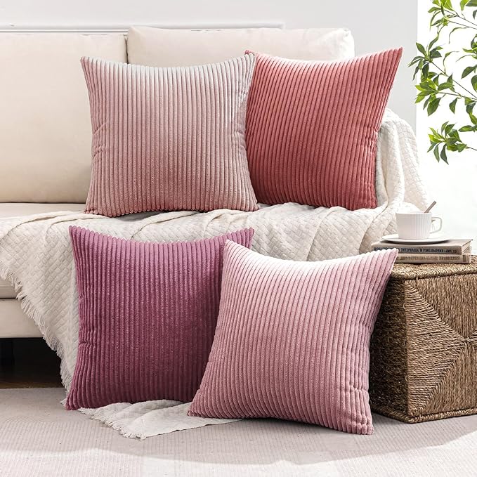 MIULEE Pack of 4 Purple Pink Valentines Corduroy Decorative Throw Pillow Covers 20x20 Inch Soft Boho Striped Pillow Covers Modern Farmhouse Spring Home Decor for Sofa Living Room Couch Bed