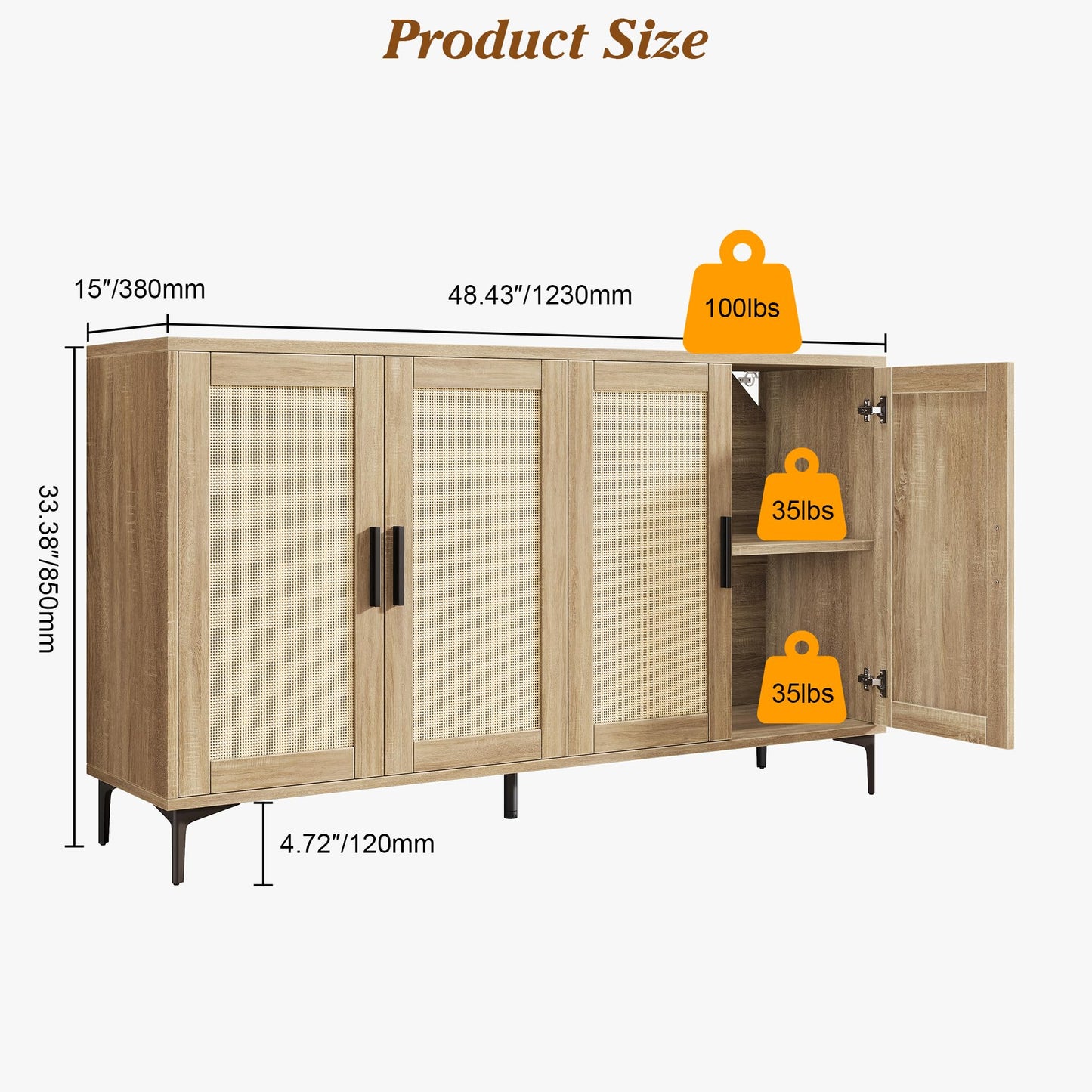 JASIWAY Buffet Cabinet with Storage, 48" Rattan Sideboard with Adjustable Shelves, Modern Coffee Bar Cabinet Console Table with Doors, Credenza for Kitchen, Living Room, Entryway, Dining Room, Wood