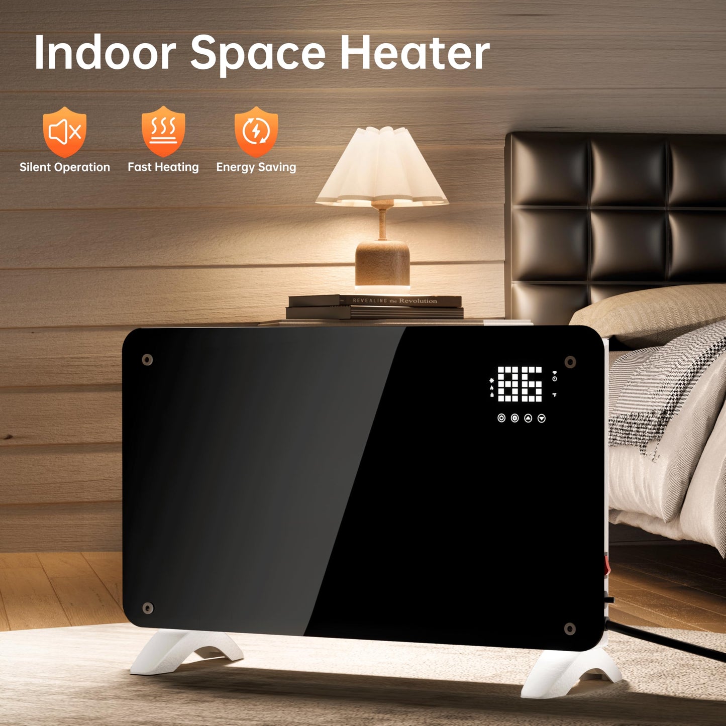 SUNDATE Convection Heater Wifi Control, Indoor Space Heater, 1500W Electric Heating with Remote Control, Digital Display, Fast Heating, 24H Timers for Living Room, Bedroom, Office (Black W/White)