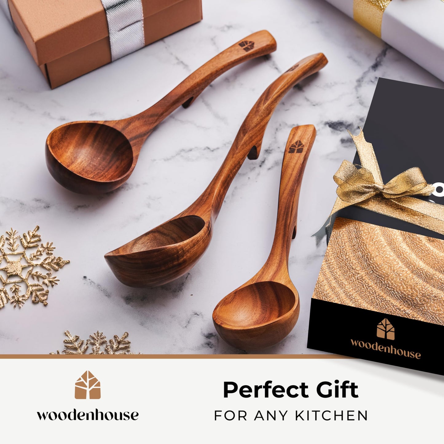 Wooden Ladle for Soup, 3 Size Teak Wood Ladle Spoon with Back Hooks for Pot & Bowl, Non-Stick Wooden Spoon Set for Cooking, Serving and Stirring