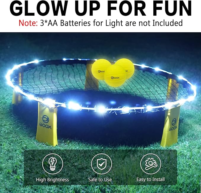 GOOX Outdoor Beach Ball Games with Carrying Bag, 3 Balls, Net and Strip Light (ONLY for Light Up Set)- Roundnet Game Set for Family - Played Outdoors, Indoors, Beach, Lawn, Yard and Park