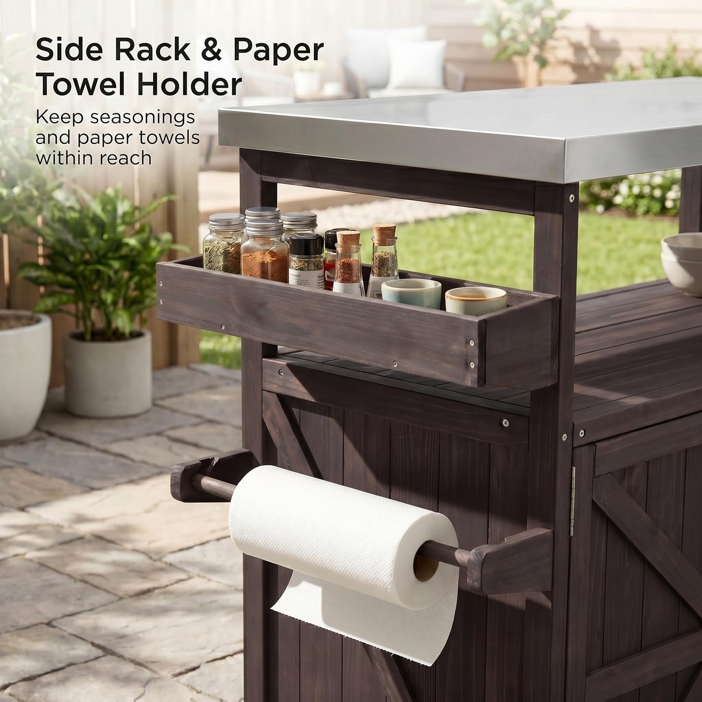 50" Outdoor Grill Cart with Storage Cabinet, Solid Fir Wood BBQ Prep Table with Stainless Steel Top, Rolling Outdoor Serving Cart with Lockable Wheels, Spice Rack & Hooks for Patio, Brown