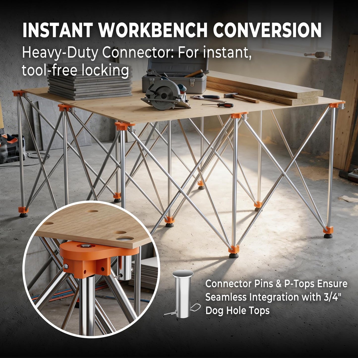 Joinerjetly 30" Tall Portable Folding Workbench 4x4 FT, Stable 9-Leg Collapsible Work Stand with Adjustable Leveling Feet, Lightweight 3500 lbs Capacity Sawhorse Table for Woodworking & Jobsite