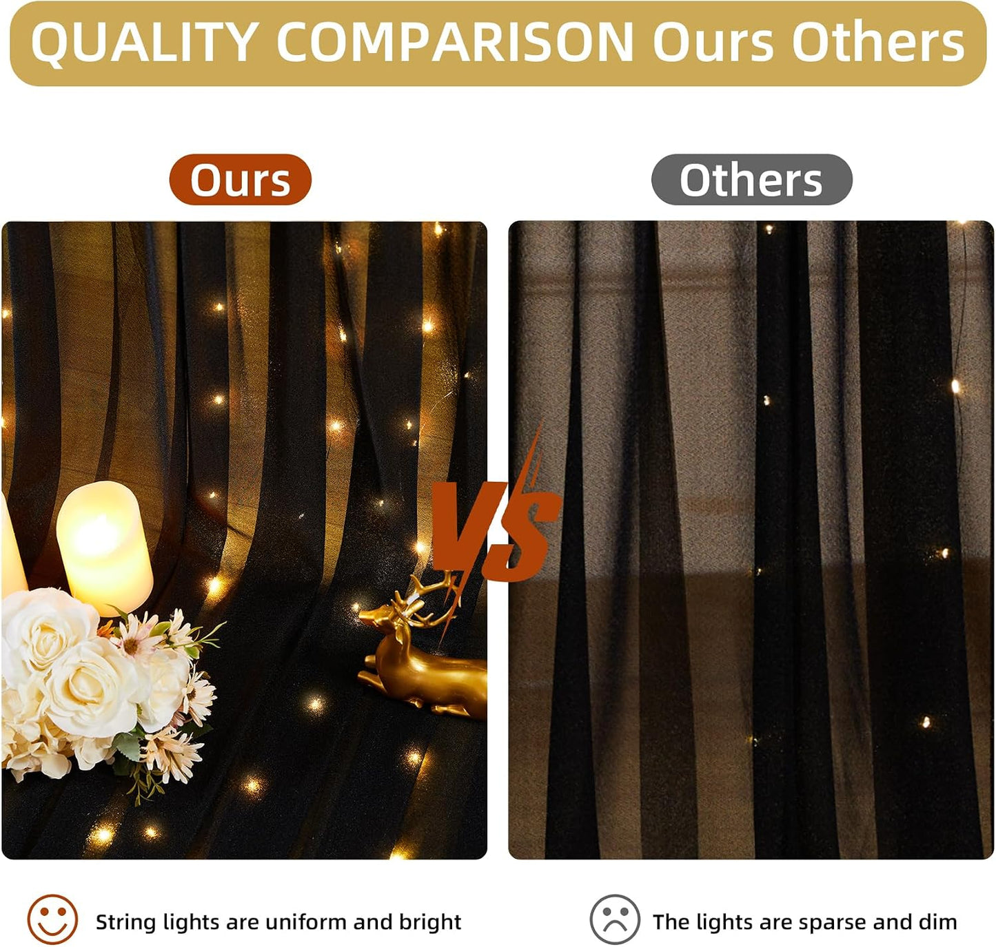 Wish Care 10x10FT Black Wrinkle Free Backdrop Curtains with Lights String for Parties - Photo Curtain Backdrop