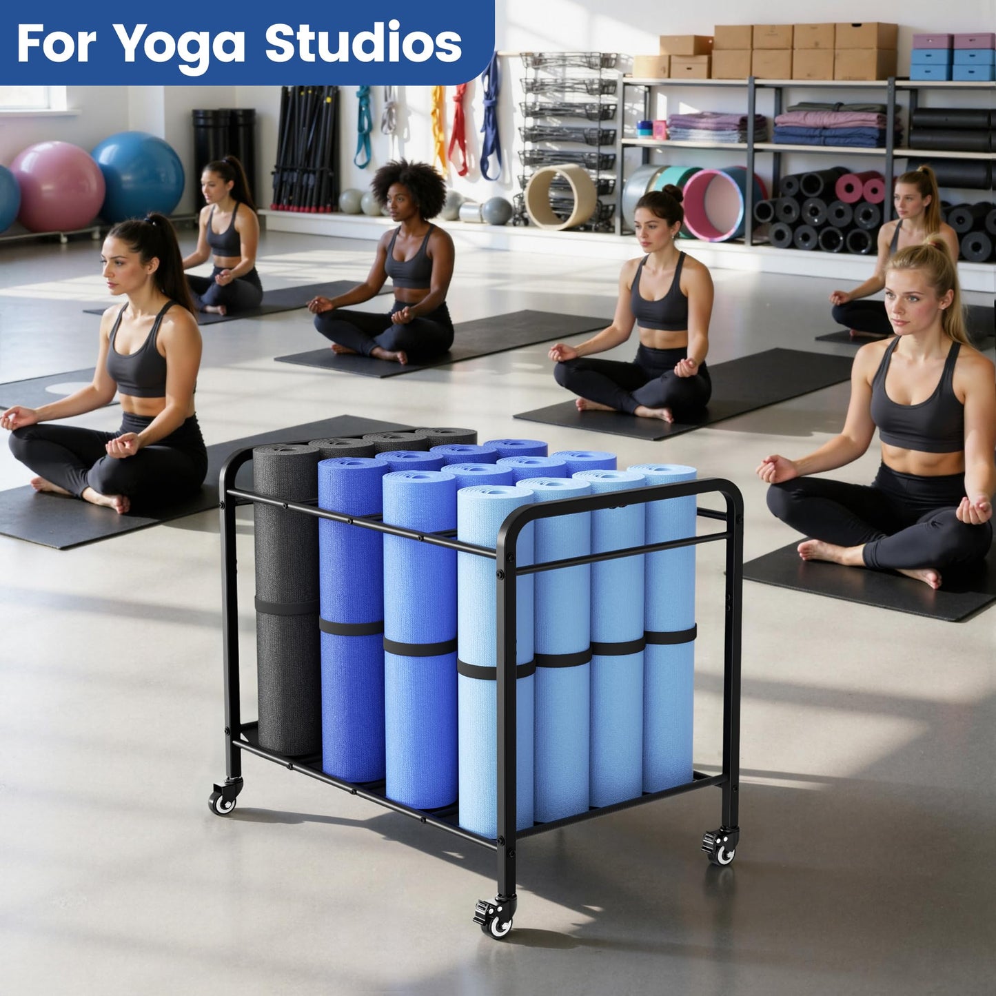 Black Yoga Mat Storage Rack Basket with Wheels, Floor-Standing Metal Yoga Mat Cart Workout Equipment for Foam Roller Dumbbells Kettlebells,in Gym,Fitness Classes, Yoga Studio & Home Gym