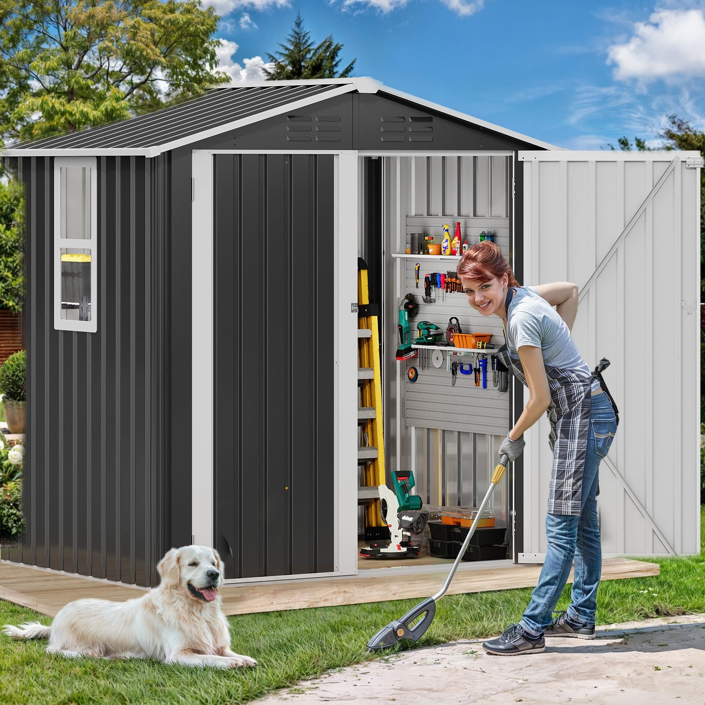 DWVO 6x4ft Large Tool Storage Shed with Window, Lockable Doors, and Sloped Roof, Oversized Steel Outdoor Storage Shed for Garden, Patio, Garage, Backyard, Lawn - Gray White