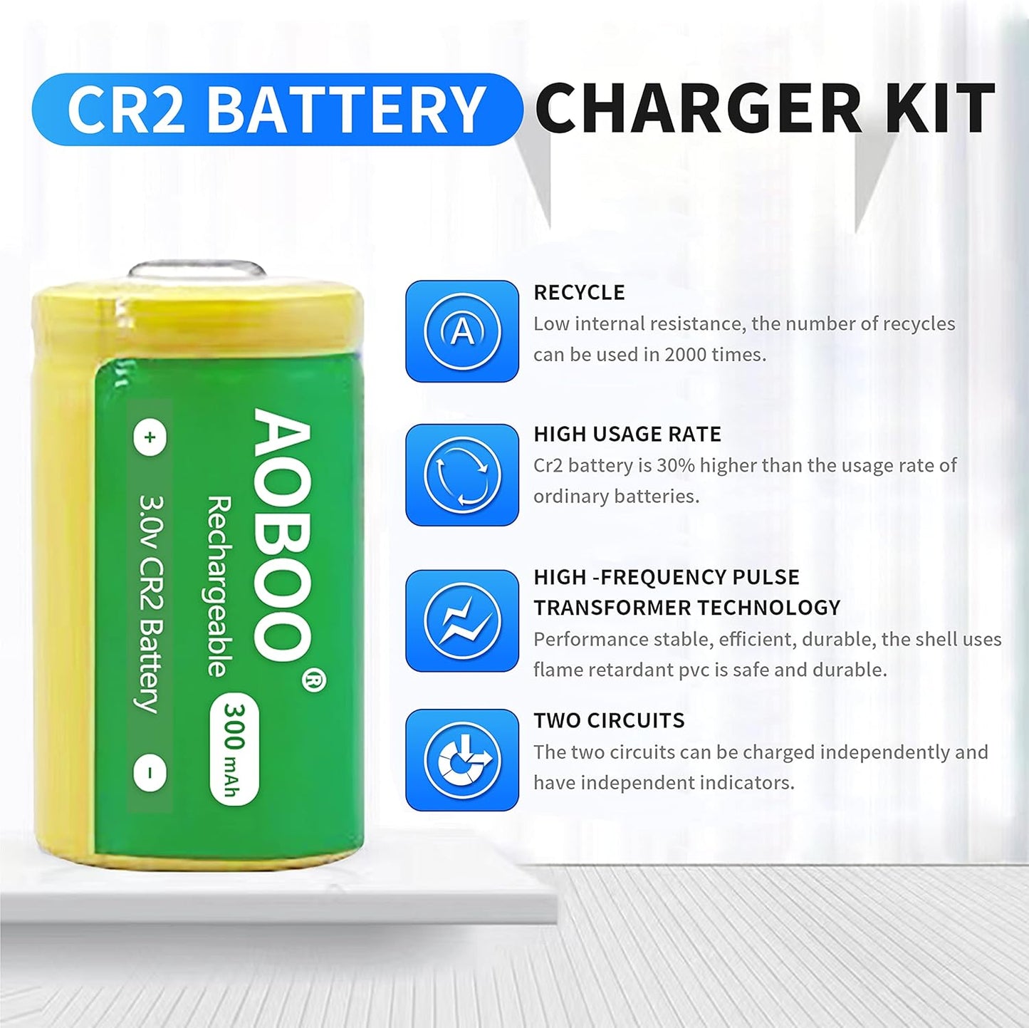 AOBOO 2pcs CR15H270 3V CR2 300Mah Rechargeable Battery with USB Charger,for Photo camera Disc Brake