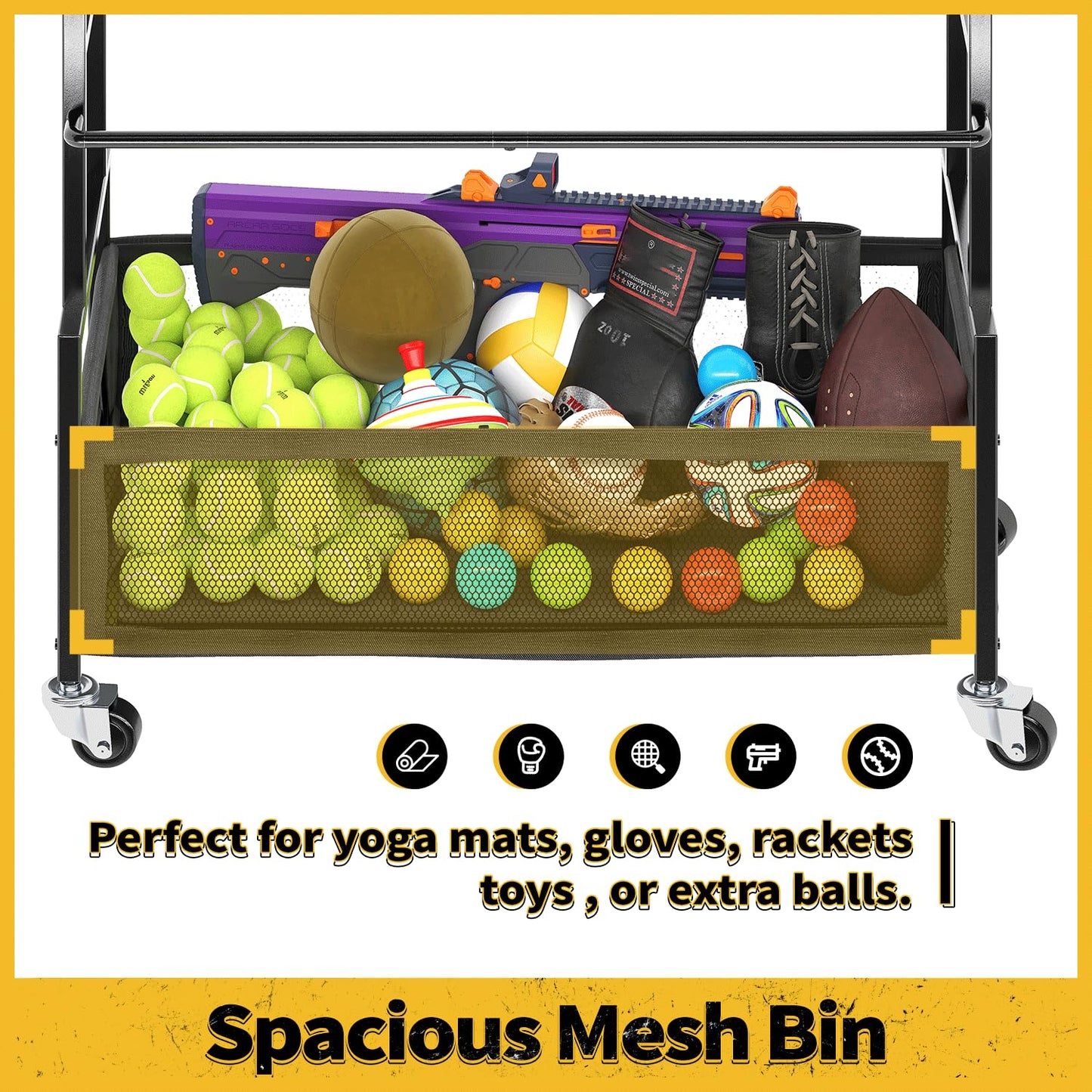 SOYEEZE Sports Equipment Organizer- Ball Storage for Garage,4 Tiers Outdoor Toy Storage,Soccer Racks,Basketball Shooting Training Stand Cart with Wheels and Hooks for Home-School and Gym Use