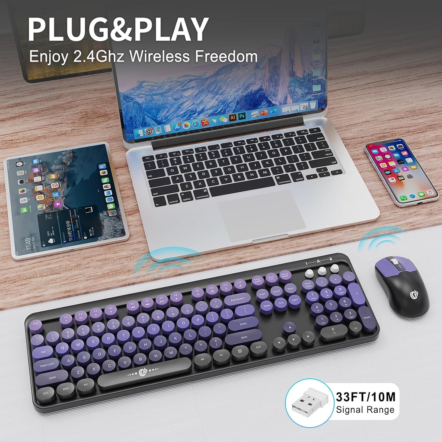 FOPETT 2.4G 104 Wireless Keyboard and Mouse Combo - Full-Sized Cute Colorful Mouse and Keyboard with Round Keys Retro