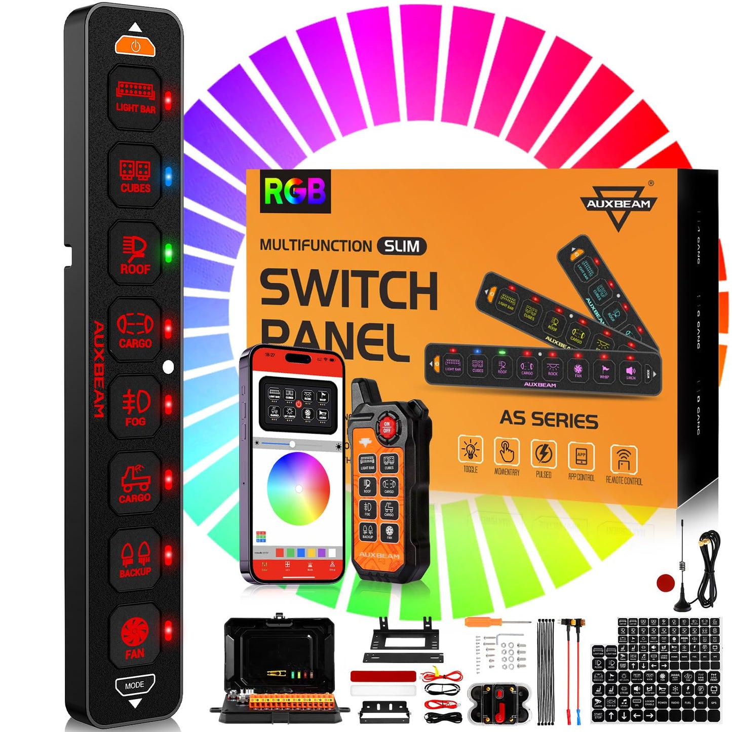 Auxbeam 8 Gang Slim Switch Panel Bluetooth RGB AS-800 with APP&Remote Control Toggle Momentary Pulsed 80A Switch Pod Off Backlight for 12-24V Truck Offroad UTV ATV Car Marine, 3 Years Warranty