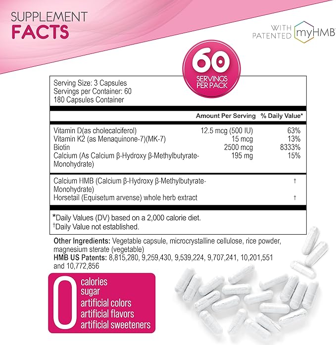 HMB Supplements for Women - Collagen Enhancer Capsules - Anti-Aging for 40 + Lean Muscle Builder - Biotin, Vitamin D3 K2 Supplement for Youthful Skin - 60 Servings