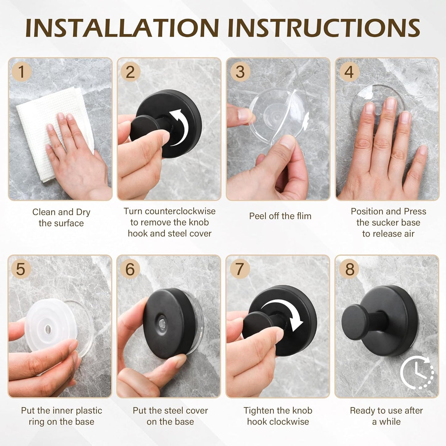 Ninth Five Heavy Duty Shower Suction Cup Hooks - Removable Bathroom Wall Hooks for Towels & Robes | 4 Pack, Black