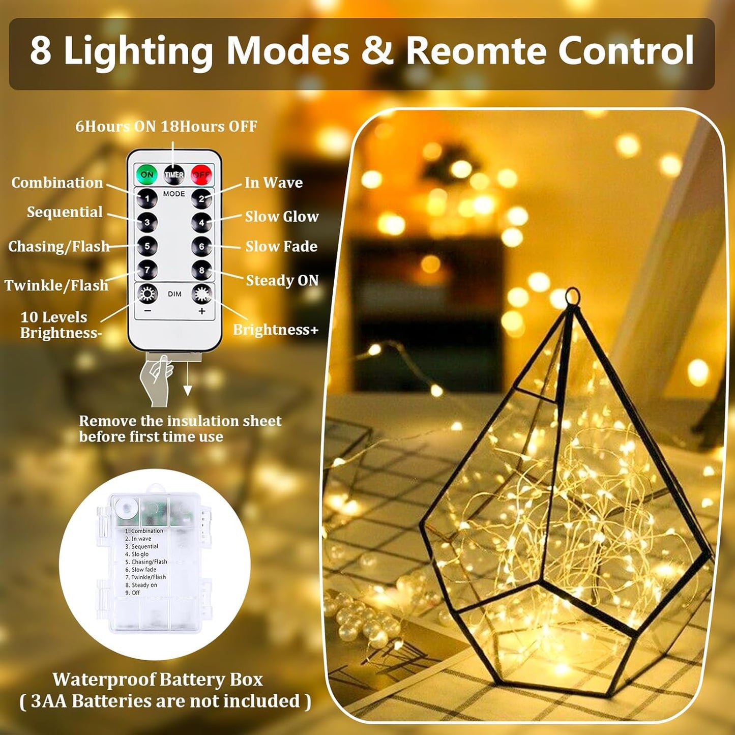 Skiennix 33FT Battery Operated Fairy Lights - 100 LED Waterproof String Lights with Remote & Timer | Warm White, 8 Modes for Indoor/Outdoor Decor