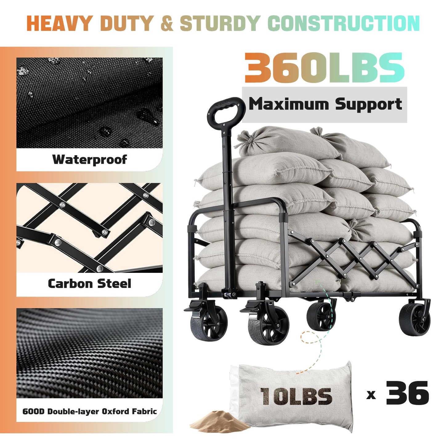 360lbs Foldable Wagon Cart Collapsible - Heavy Duty All-Terrain Portable Lightweight Folding Utility Carts with Wheels, Large Capacity Portable Grocery & Beach Trolley for Shopping, Camping and Sports