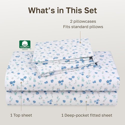 California Design Den Queen Sheet Set - 100% Cotton, 400 TC, Smooth Sateen Finish, Deep Pockets | Floral White/Blue