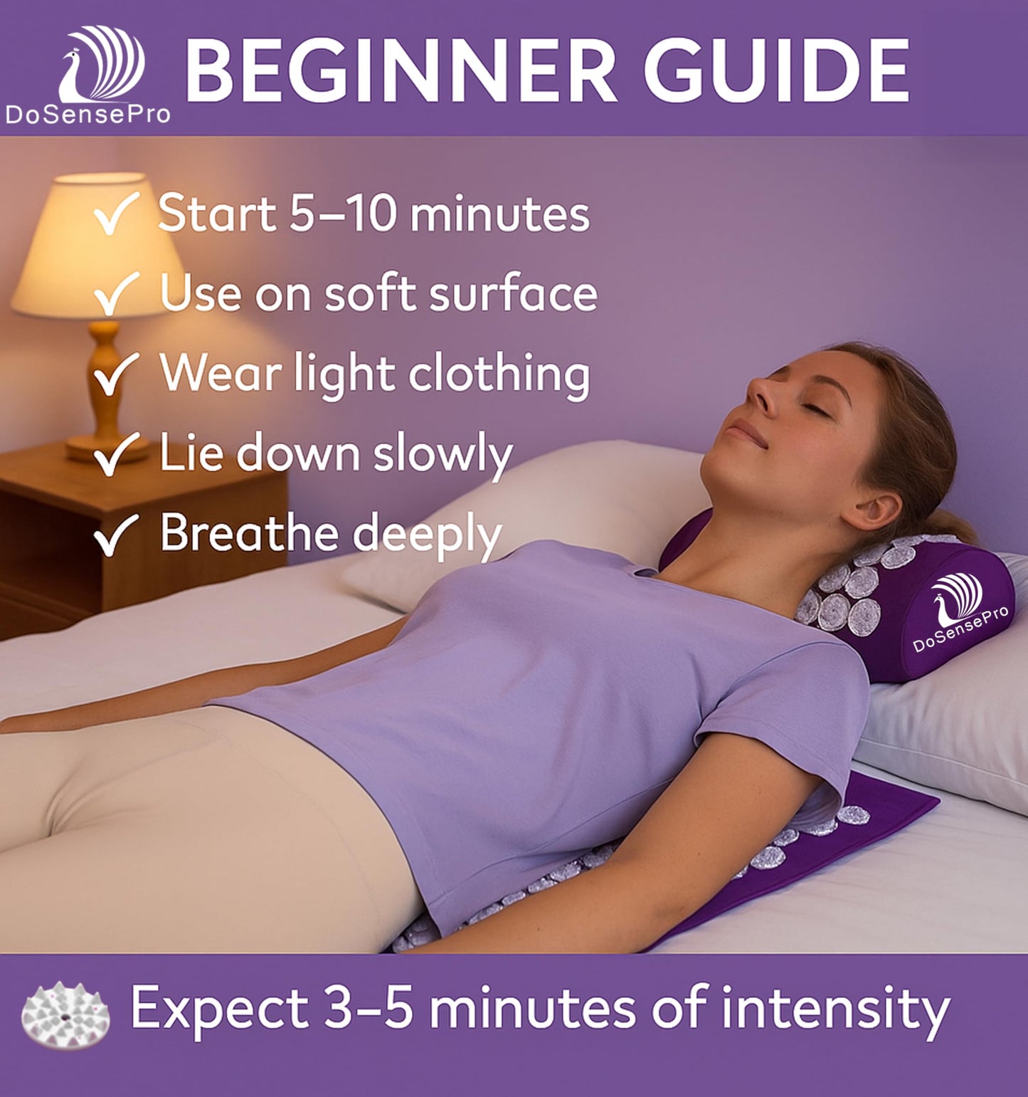 DoSensePro Acupressure Mat & Pillow Set – Extra-Long 29” Acupressure Therapy for Back & Neck Pain Relief, Sciatica, Stress Relief & Sleep Support – Includes Carry Bag & Hot/Cold Pack (Purple)