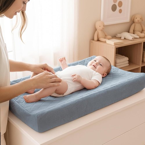 Konssy Waterproof Muslin Changing Pad Cover - Soft Quilted Cotton Fitted Sheets for Boys & Girls | 2 Pack (Star, Blue)