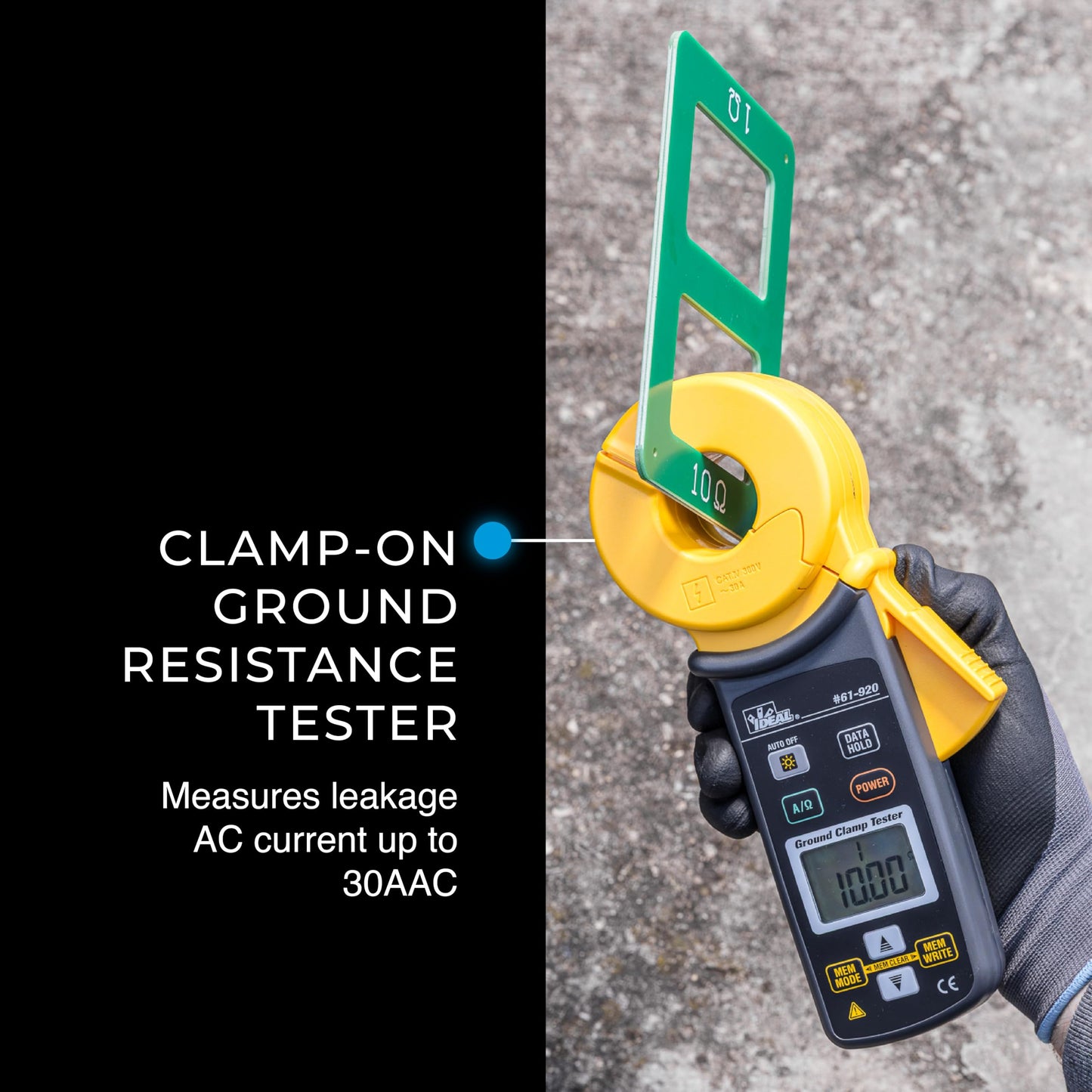 Ideal Electrical Ground Resistance Clamp Meter, Digital Auto-Ranging, Measures 0–1200Ω & 0–30A AC, True RMS, Noise Check, Data Hold, Continuity Buzzer, Memory Save, Auto Power-Off, Electrical Tools