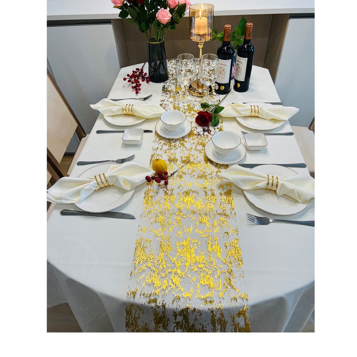 Sunlunckystar Gold Table Runner 2 Pieces, Sequin Glitter Foil Metallic Mesh Gold Table Runners Roll 11x108 Inch, Table Decorations for Wedding, Christmas, Birthday Party