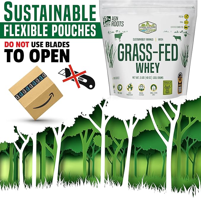 Grass Fed Whey Protein Powder Isolate - Unflavored - Unsweetened - Certified Entire Life On Pasture - A Greener World - ASPCA Registered Brand List - Informed-Sport - 3lbs