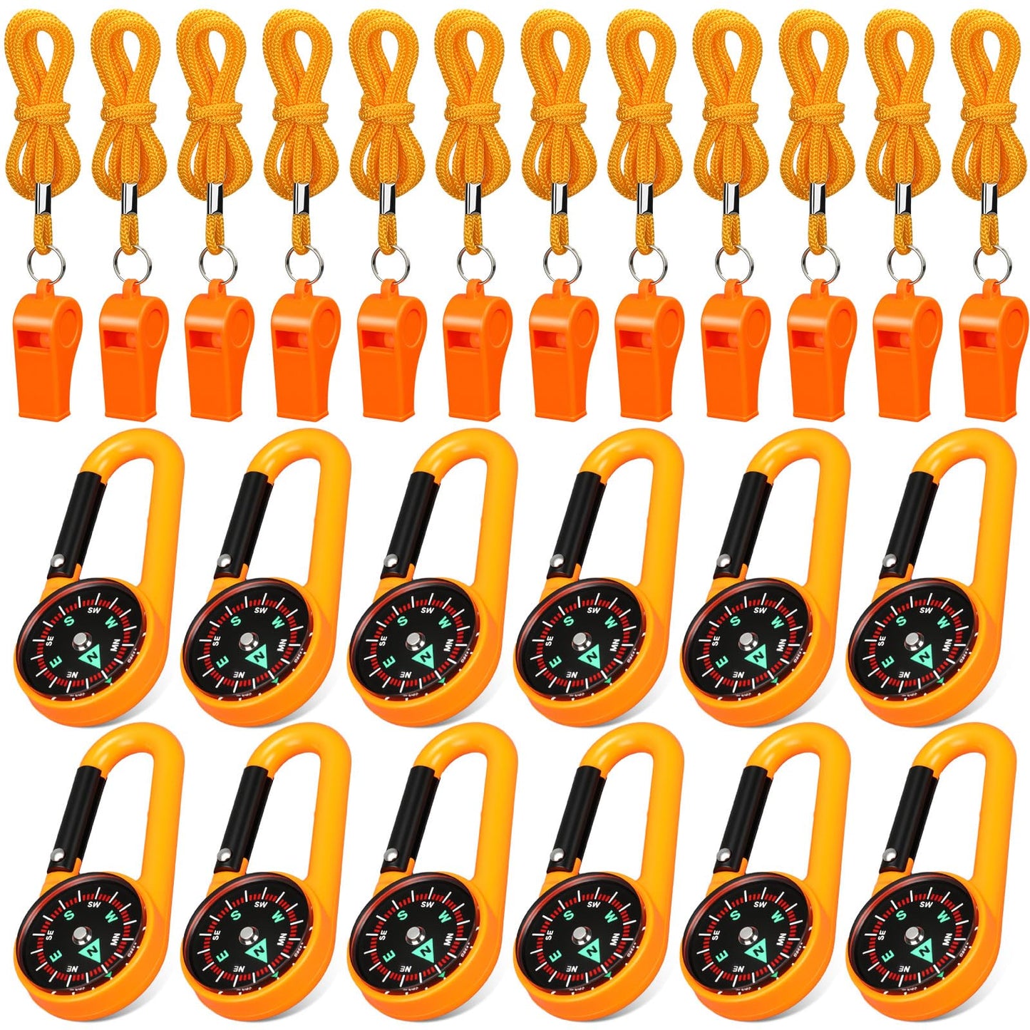 Honoson 24 Pcs Emergency Whistle and Compass Kit, 12 Survival Whistle with Lanyards Loud Blast 12 Magnetic Compass Keychain for Hiking Camping Orienteering Outdoor Navigation Accessories(Orange)