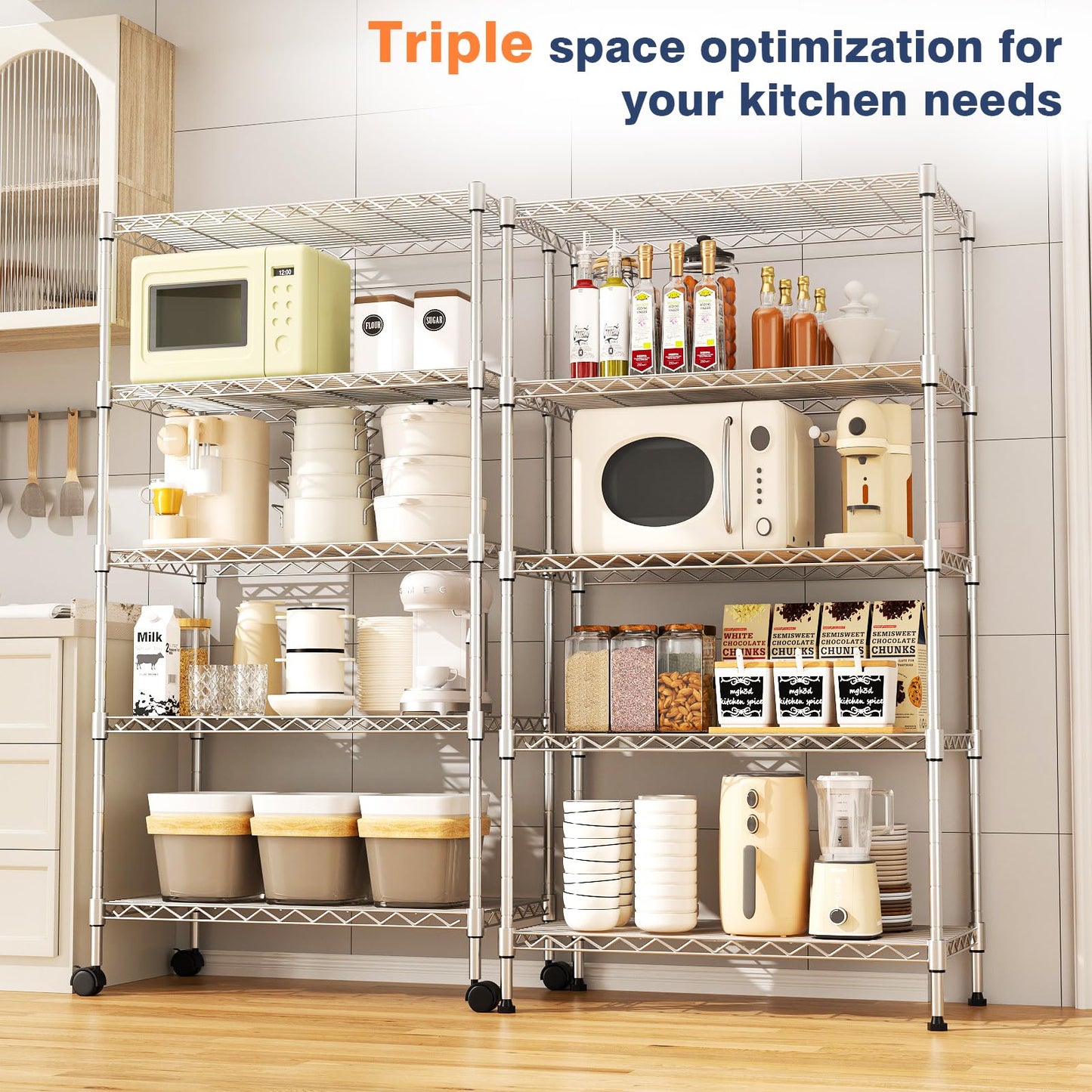VANZBON 5-Tier Heavy Duty Metal Shelf,Chrome Wire Shelving Unit 35" Wx18 Dx71 H,Height Adjustable Storage Wire Shelves with Lockable Wheels for Garage,Kitchen,Office,Bathroom,Studio