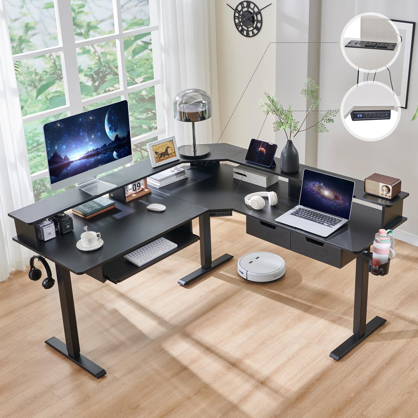 RedLemon 60 Inches L Shaped Electric Standing Desk, Height Adjustable Corner Gaming Desk with Drawers, Power Outlets & LED Lights, Computer Desk with Monitor Shelf, Carbon Fiber Black