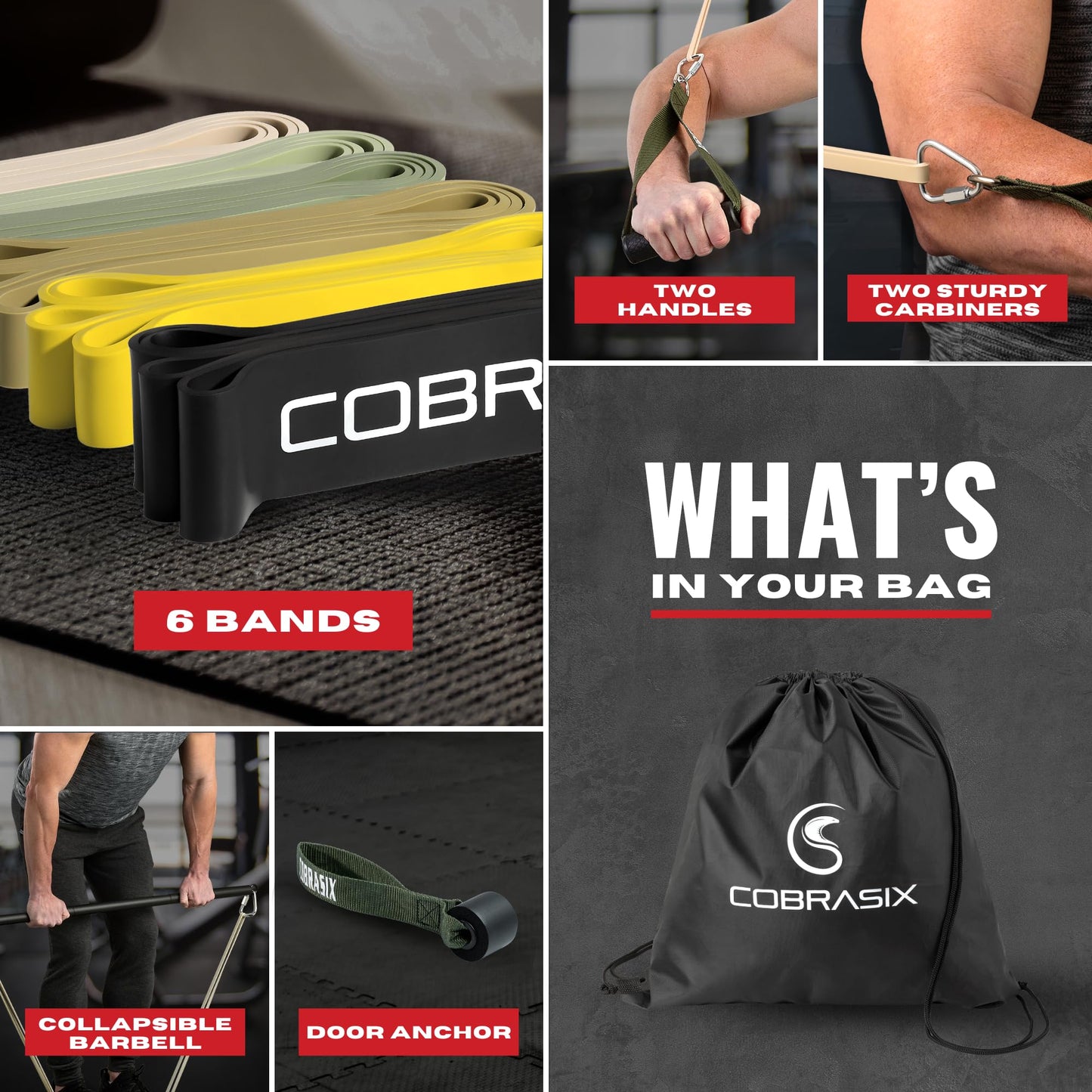 COBRASIX Set of 6 Resistance Bands with Handles, Door Anchor & Bar | Long Resistance Bands for Working Out & Strength Training | Exercise Bands for Home Gym | Pull Up Assistance Bands | Men and Women