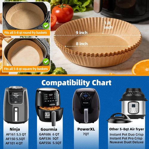 HONYAO 200pcs Disposable Air Fryer Liners - 8 Inch Strong Paper for 5qt-8qt Baskets, BPA Free