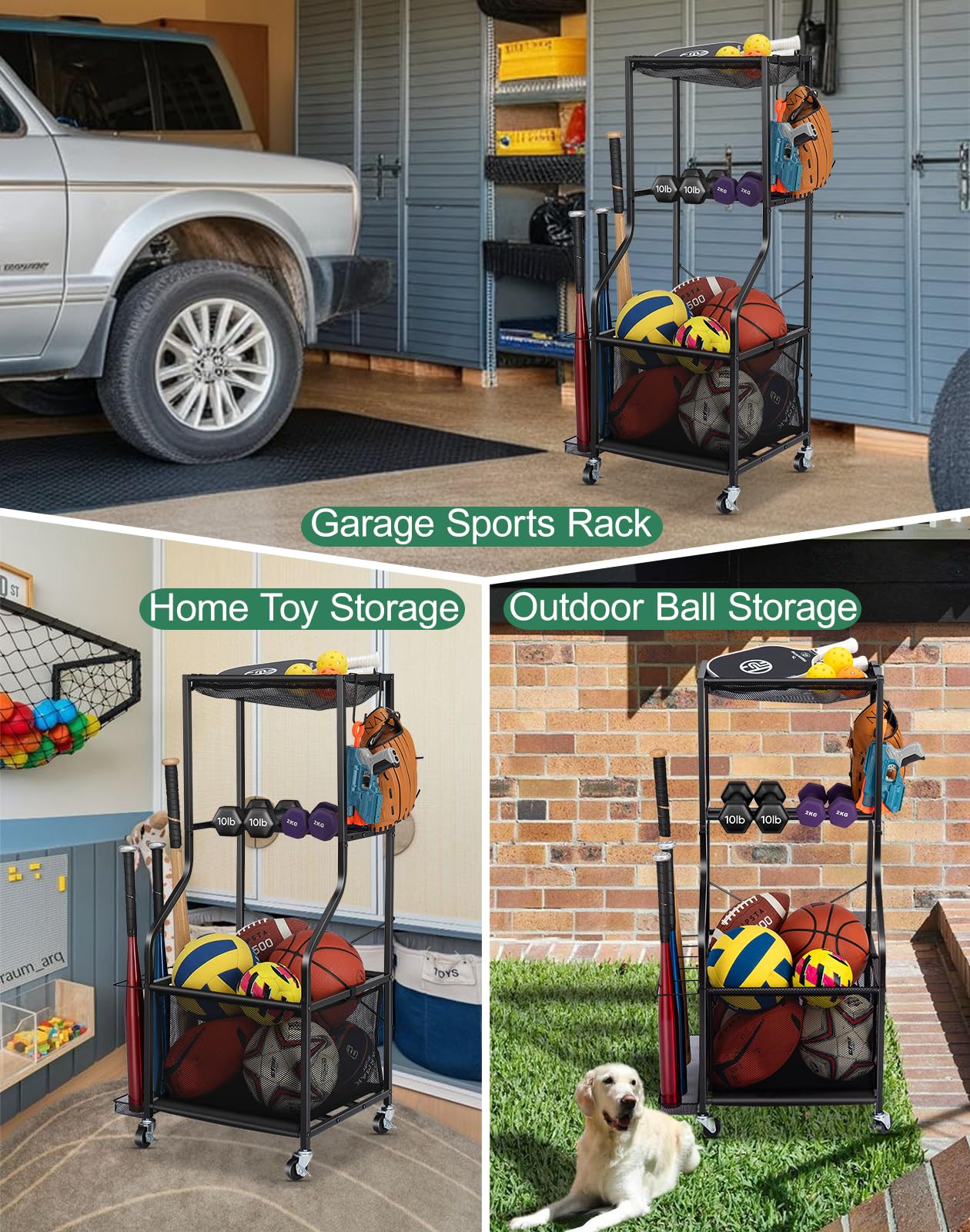EXTCCT Sports Equipment Garage Organizer - Rolling Ball Storage with wheels, 3-Tier Sports gear Storage Rack Indoor & Outdoor Balls Cart with Hooks for Home, Garage (Black)