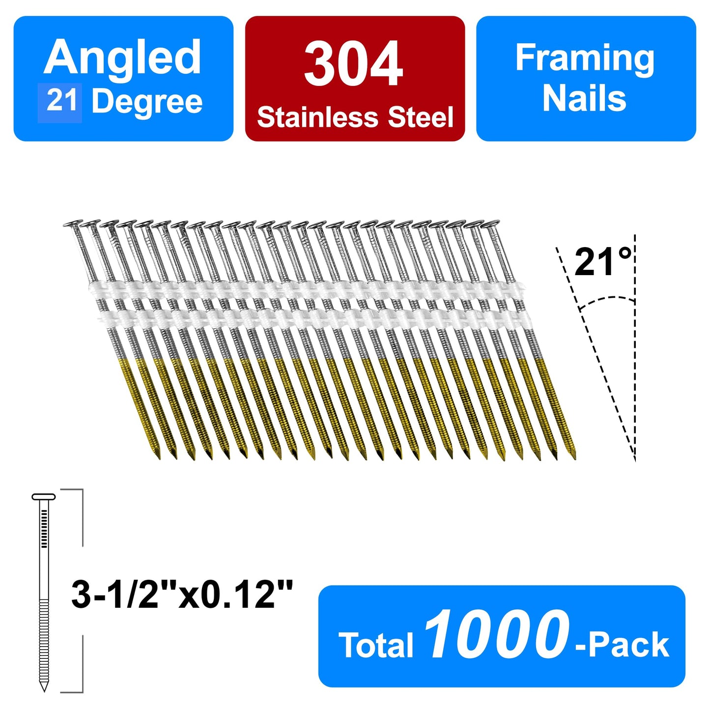 SimCos Framing Nails 304 Stainless Steel 21° Full Round Head Nail 21 Degree Ring 3-1/2” Shank Nail for Pneumatic, Electric 21 degree Framing Nailer (3-1/2" - 1000 pcs)