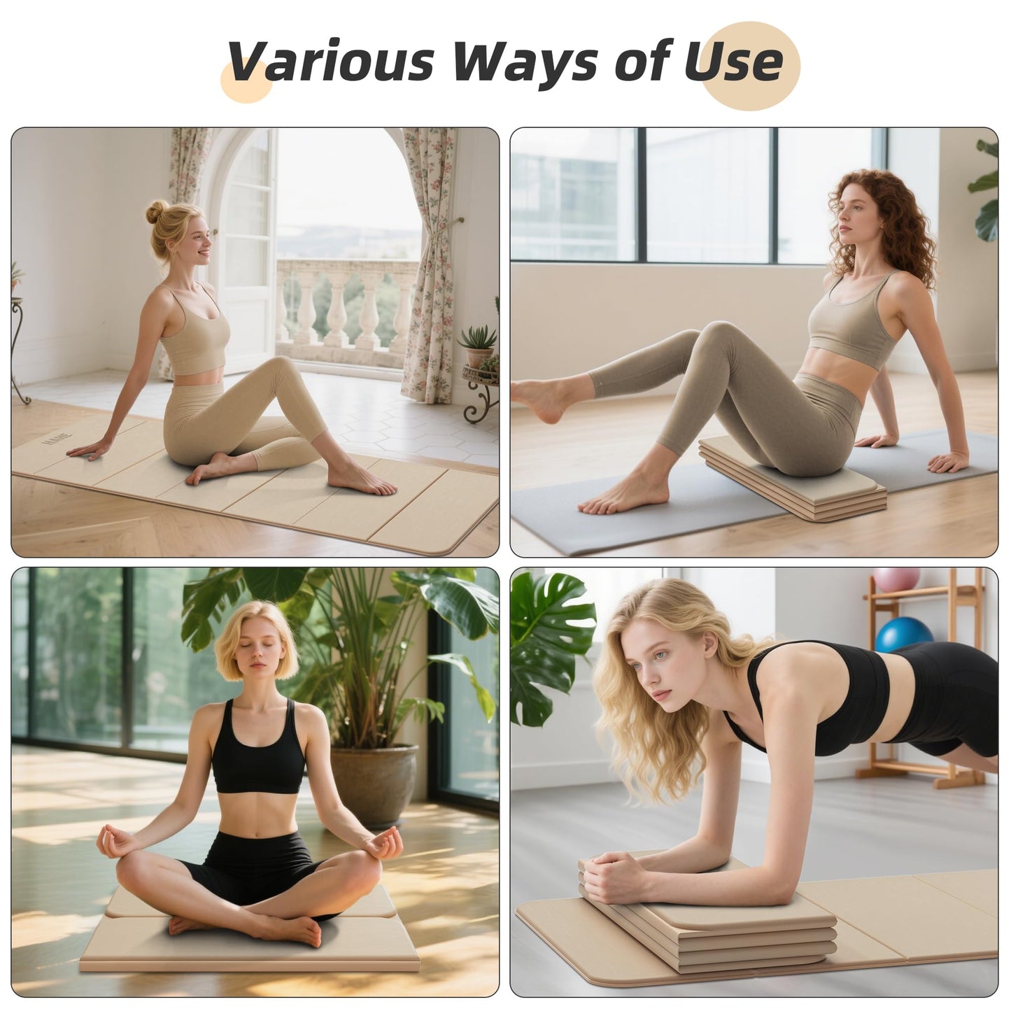 Foldable Yoga Mat, 74"Lx32"Wx1/3"Thick, Folding Exercise Mat, Non-slip Wide Pilates Mats for Home Workout/Travel, Portable Yoga Mat Thick for Yoga/Pilates/Camping/Floor Exercises (Cream)