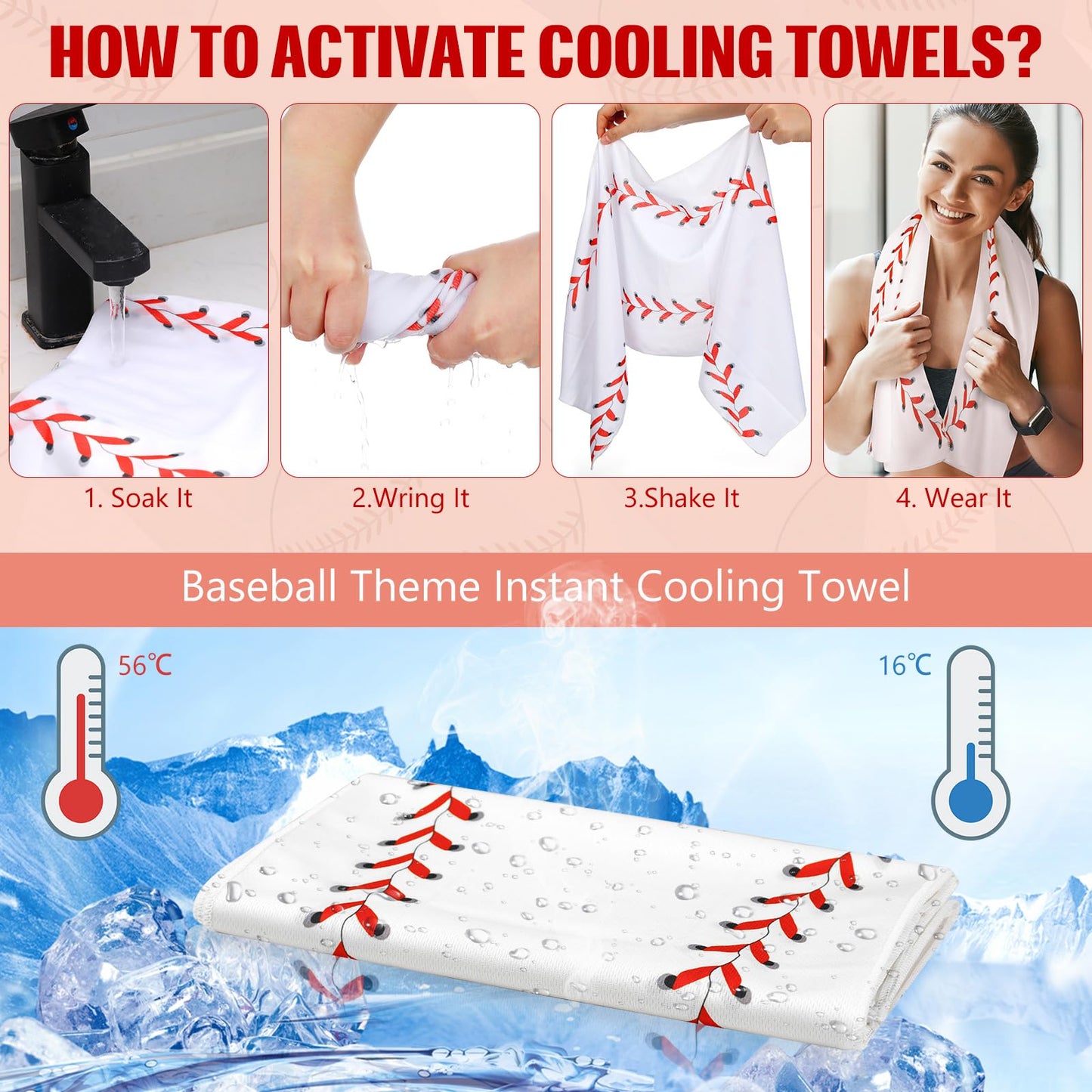 CraftyDream 18 Counts Cooling Towels, Softball Towel Breathable Chilly Ice Towels, 40"x12" Cooling Towel for Baseball Team Coach Gift Training, Cold Sweat Rag for Sport (White, Baseball)