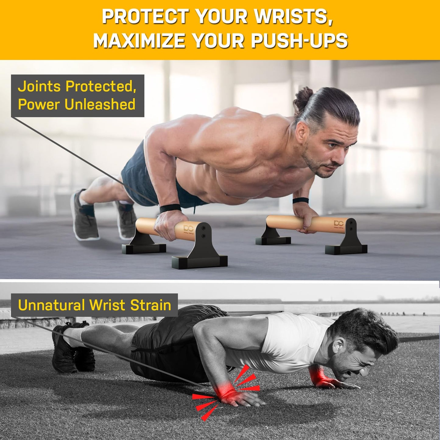 Double Circle Parallettes Push Up Bar with Ergonomic Wooden Handles - Calisthenics Equipment - Non-slip Parallel Bars for Strength Training and Calisthenics - Pushup Handles Parallettes Bars (17 IN)