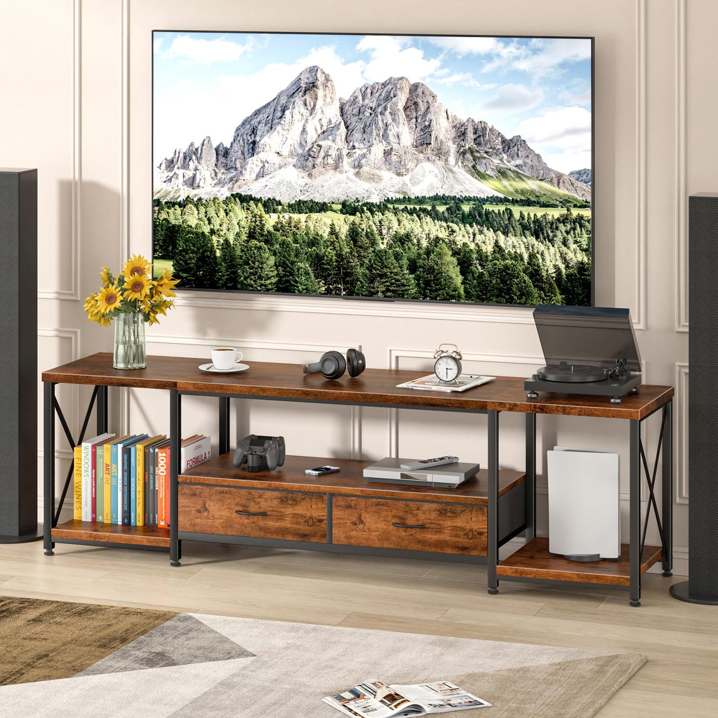 GYIIYUO TV Stand with Fabric Drawers - Entertainment Center and Industrial Console Table with Open Storage Shelves for Living Room, Bedroom - 71.5" Rustic Brown