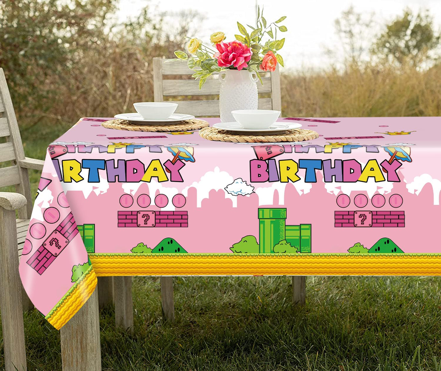 USERTEN 2Pcs Super Brothers Adventure Party Tablecloths 108 x 54 inches Video Game Theme Plastic Table Cloth Fits for Princess Peach Girl Birthday Party Decoration Pink Disposable Tablecover Supplies