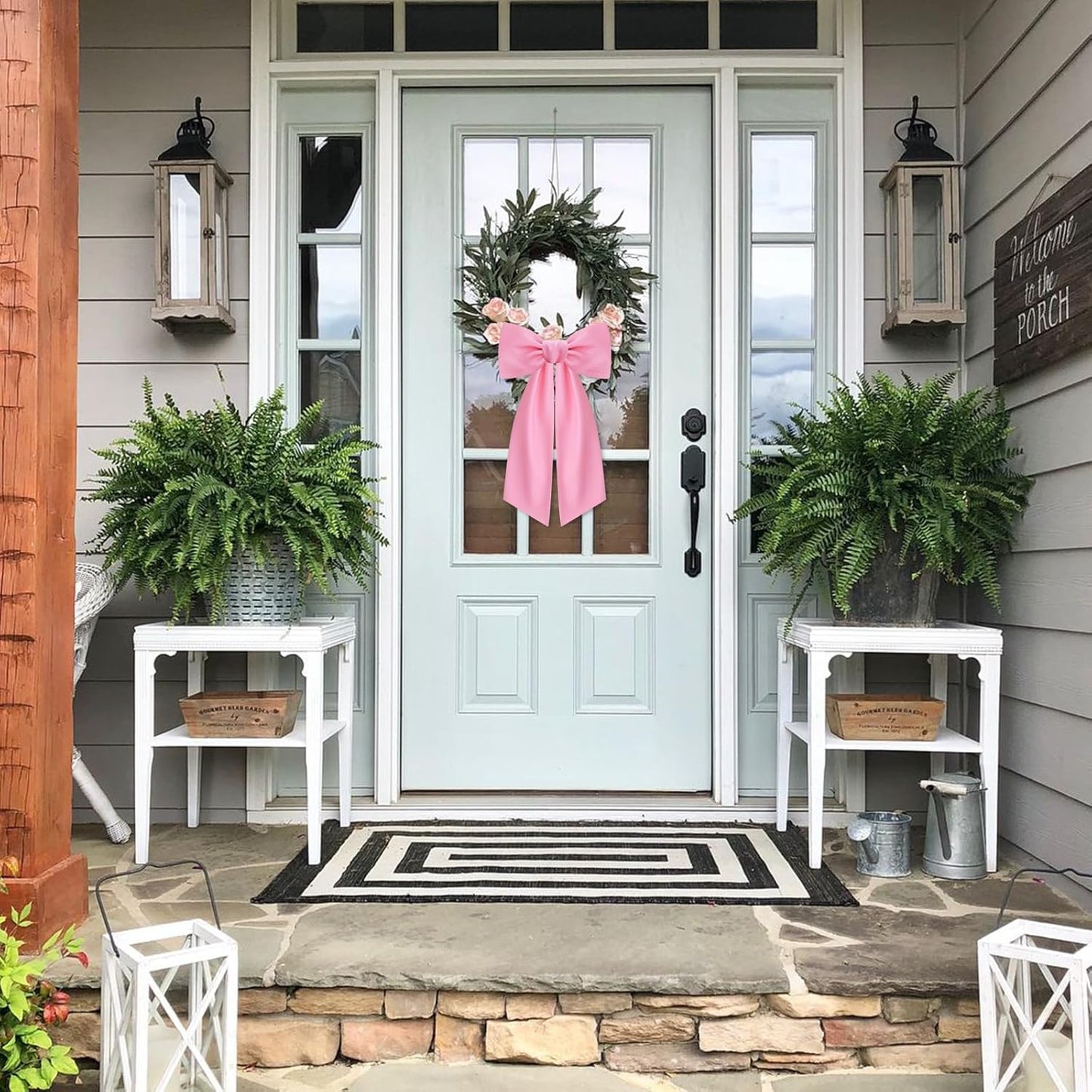 Skiennix Light Pink Wreath Sash - Elegant Linen Ribbon Bow for Front Door & Porch Decor