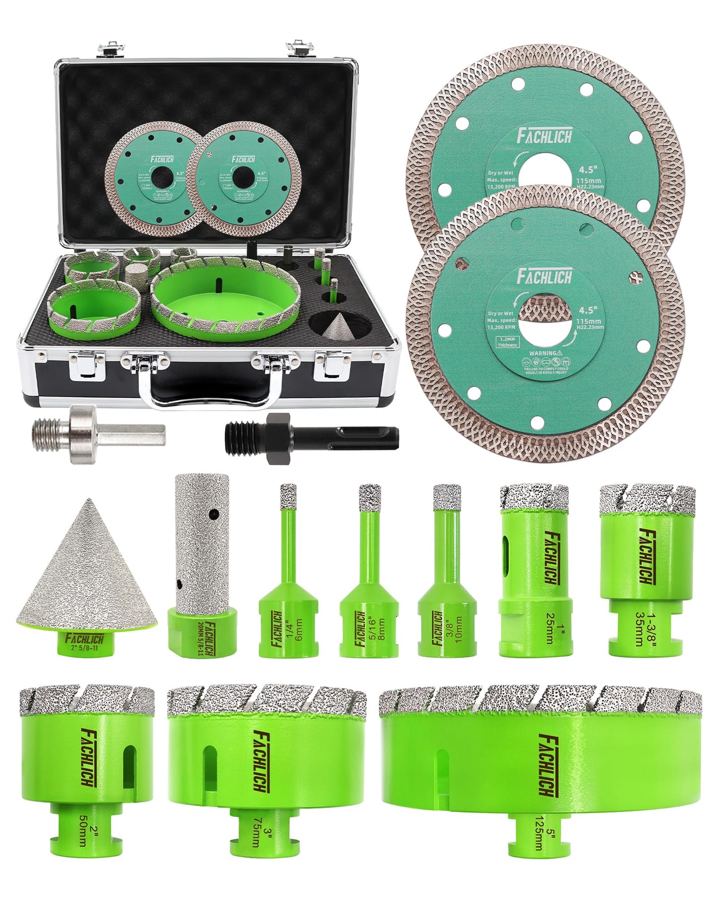 FACHLICH Tile Hole Saw Kit - 14pcs Diamond Hole Saw (6/8/10/25/35/50/75/125mm) with Finger Bit and Chamfer Bit, Tile Drill Bits for Porcelain Ceramic Marble Brick Granite,5/8"-11 Thread