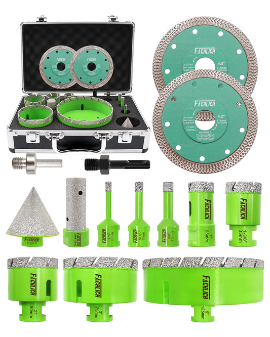 FACHLICH Tile Hole Saw Kit - 14pcs Diamond Hole Saw (6/8/10/25/35/50/75/125mm) with Finger Bit and Chamfer Bit, Tile Drill Bits for Porcelain Ceramic Marble Brick Granite,5/8"-11 Thread
