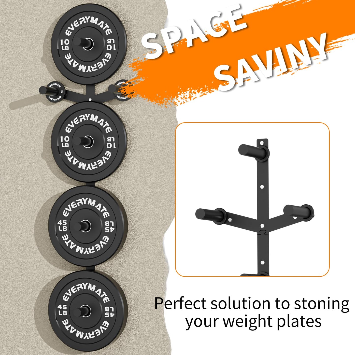 EVERYMATE Weight Plate Storage Rack, Wall Mounted Weight Plate Holder, Bumper Plate Storage for Home Gym, Heavy Weight Plates Holder Fit 2"Plates (6peg)